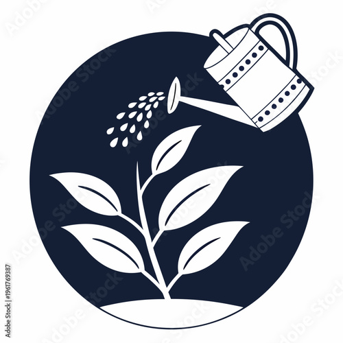 A white silhouette of a watering can pouring water on a plant