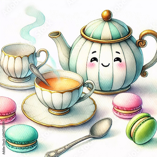 Illustration of Tea Set with Macarons on Table