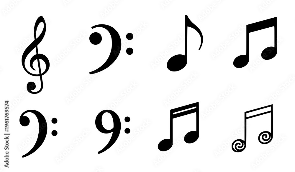 Fototapeta premium Minimal musical notes and clef symbols vector icon set simple music illustration isolated on white background