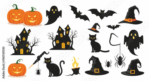 Halloween vector icon set featuring carved jack-o'-lantern pumpkins, spooky haunted houses, ghosts, black cats, flying bats, hanging spiders, and witch hats on a white background.