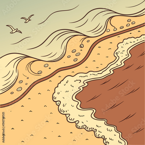 A cartoon illustration of a wave crashing on a beach
