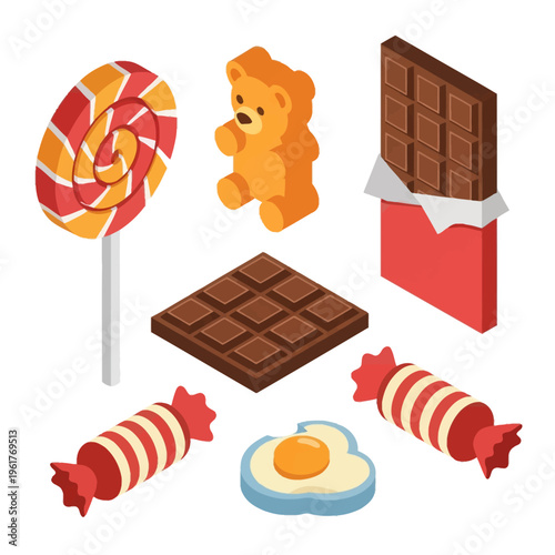 Isometric vector illustration of various candies including a swirl lollipop, gummy bear, chocolate bar in red wrapper, chocolate square, wrapped candies, and gummy fried egg.