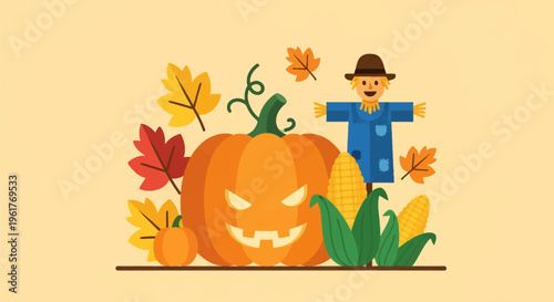 Autumn harvest vector illustration featuring a large carved Halloween Jack-o'-lantern pumpkin, a friendly scarecrow in a blue shirt, ears of corn, and colorful falling leaves.