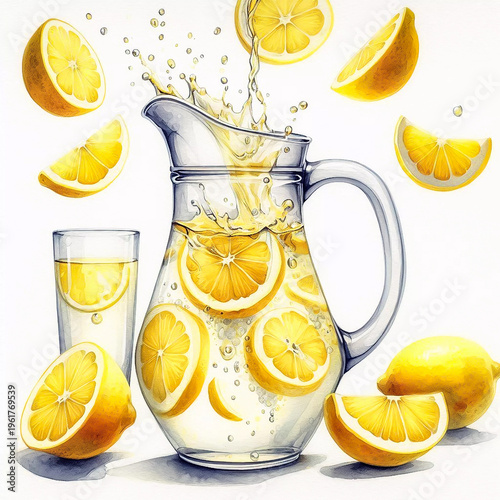 Fresh Lemonade Pitcher with Slices and Splash