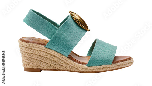 Fotografija Teal linen wedge sandal with gold chain detail and woven jute sole, isolated on