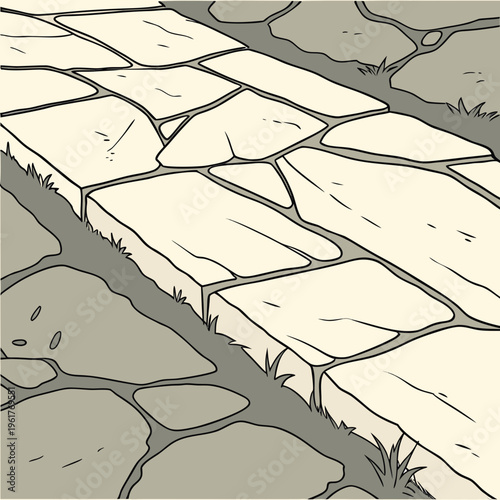 A close-up view of a stone walkway with grass growing through it