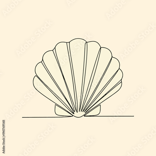 Minimalist continuous one-line drawing of a symmetrical scallop seashell featuring fan-shaped ridges, black line art illustration on a solid cream background for coastal themes.