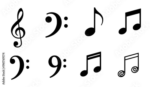 Minimal musical notes and clef symbols vector icon set simple music illustration isolated on white background