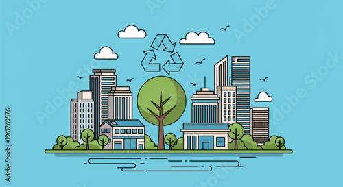 Green sustainable city vector illustration with modern skyscrapers, suburban houses, a large central tree, and a recycling icon symbol against a blue sky with clouds and birds.