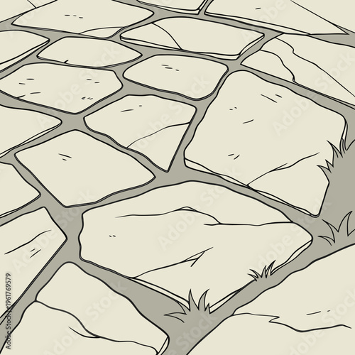 A close-up of a stone path with grass growing through the cracks
