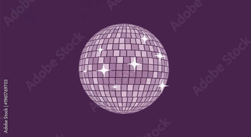 Vector illustration of a purple disco ball featuring square mirrored tiles and white star-shaped sparkles, isolated on a dark purple background for night club and party themes.