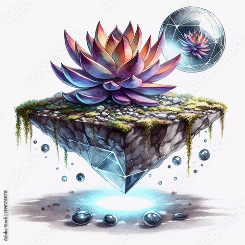 Floating Succulent Plant In A Geometric Landscape