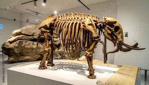 Intact, large fossilized skeleton of extinct mammal on display, with curved tusks