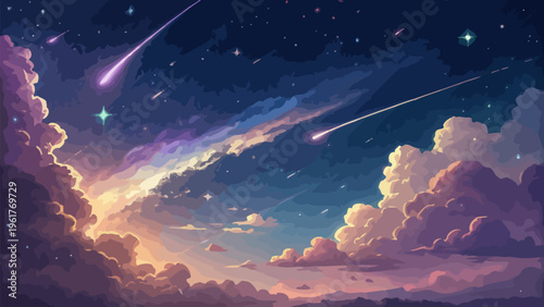 Vibrant shooting stars streak across surreal clouds in a starry night sky with celestial display