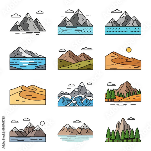 Flat vector icon set of diverse natural landscapes including snow-capped mountain peaks, ocean waves, desert sand dunes, evergreen pine forests, and scenic lakes with clouds.
