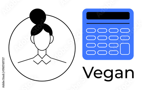 Vegan lifestyle, ethical choices, plant-based budgeting, financial planning, eco-friendly mindset, dietary focus. Line art woman profile and blue calculator icon with text. Vegan and financial