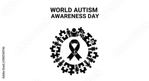 World Autism Awareness Day vector illustration graphic displaying a central awareness ribbon surrounded by diverse people and connecting puzzle pieces.