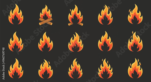 Set of fifteen fire flame icons and campfire illustrations in a vector cartoon style, featuring various orange and yellow flame shapes and burning wooden logs on dark background.