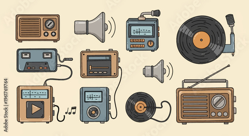 Vintage electronics collection featuring retro radios, vinyl record players, portable music players, and loudspeakers in a hand-drawn doodle vector style on a beige background.