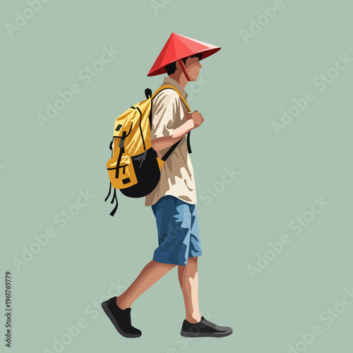 Digital illustration of a young male traveler wearing a conical straw hat and carrying a backpack, walking with purpose, symbolizing journey, adventure, and cultural discovery