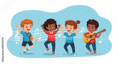 Cartoon illustration of four diverse children playing music and dancing, featuring a boy with an acoustic guitar, a girl dancing, and music notes on a blue background.