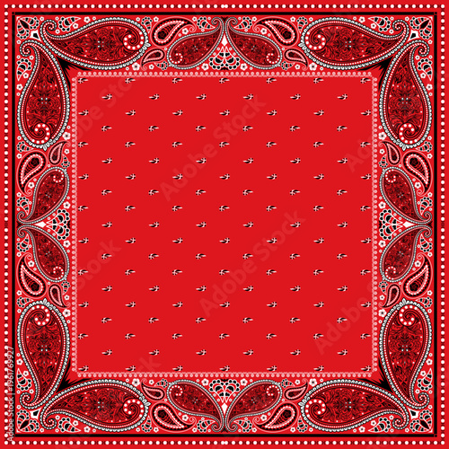 Bandana paisley square ethnic floral hand drawn pattern.Ornament classic vintage vector element black white on red background.Design for scarf,headscarf,kerchief,hijab,tablecloth,print fabric,decorate