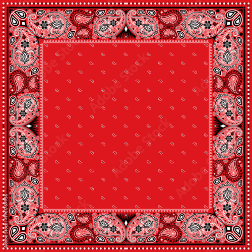Bandana paisley square ethnic floral hand drawn pattern.Ornament classic vintage vector element black white on red background.Design for scarf,headscarf,kerchief,hijab,tablecloth,print fabric,decorate