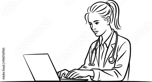 A thoughtful female doctor with a ponytail working diligently on a laptop computer in a clean line drawing style