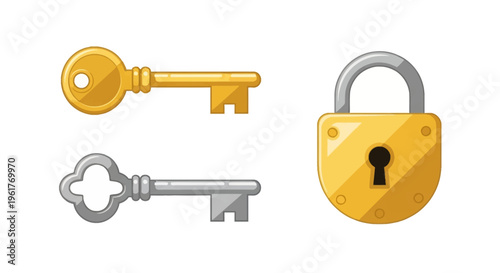 Flat vector illustration of a gold modern key, a silver vintage skeleton key, and a gold padlock with a silver shackle, isolated on a white background for security and access concepts.