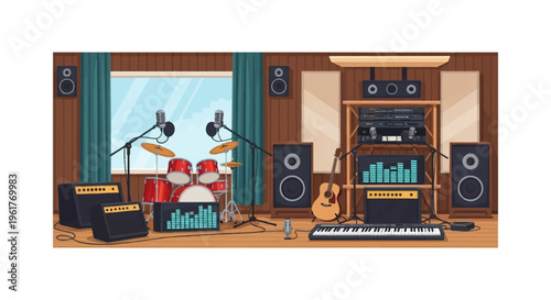 Vector illustration of a professional music recording studio interior featuring a red drum kit, acoustic guitar, keyboard synthesizer, studio monitor speakers, and microphones on stands.