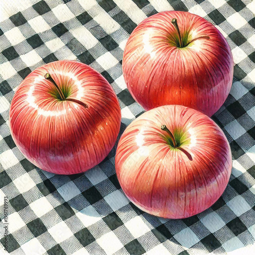 Three Apples on a Black and White Checkered Tablecloth