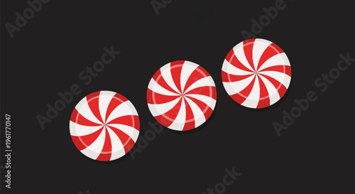Three circular red and white peppermint swirl hard candies arranged in a diagonal row on a solid dark black background, minimalist vector illustration of traditional treats.