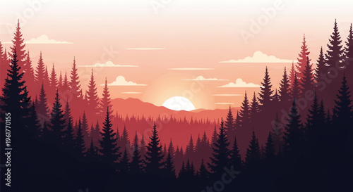 Flat vector illustration of a sunset over a dense pine forest with silhouetted evergreen trees and layered mountain ridges under a peach-colored sky with soft white clouds.