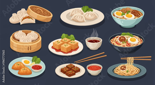 Vector illustration of Asian cuisine dishes including dim sum dumplings in bamboo steamers, ramen noodles with eggs, fried tofu cubes, noodles with chopsticks and sauces.
