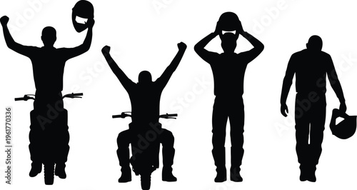 Black silhouettes of four men depicting various stages of motocross racing and triumph with their helmets