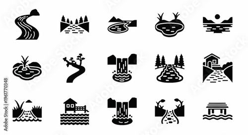 Comprehensive set of fifteen black solid glyph icons illustrating diverse water features and natural landscapes such as rivers, waterfalls, lakes, forest streams, ponds, and marshes.