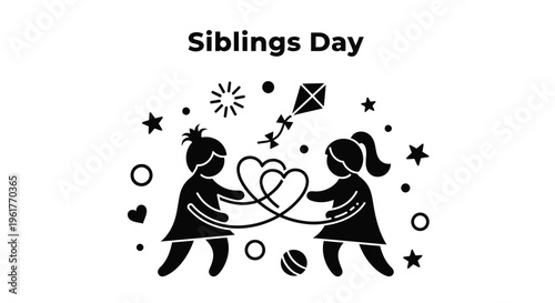 Black and white vector graphic illustration celebrating siblings day with two children holding hearts