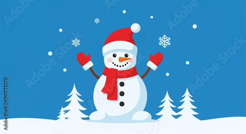 Vector illustration of a smiling snowman with a red Santa hat, scarf, and mittens standing in a snowy landscape with white pine trees and falling snowflakes on a blue background.