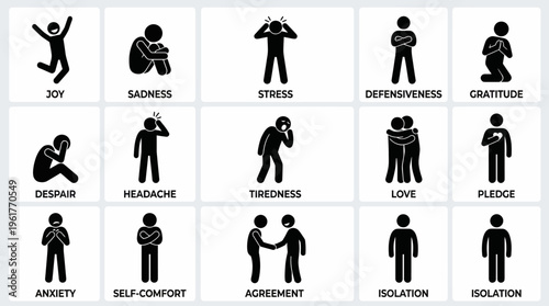 Vector icons of human emotions and gestures including joy, sadness, stress, tiredness, love, despair, defensiveness, gratitude, anxiety, pledge, headache, agreement, isolation