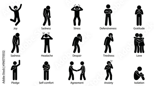 Vector icons of human emotions and gestures including joy, sadness, stress, tiredness, love, despair, defensiveness, gratitude, anxiety, pledge, headache, agreement, isolation
