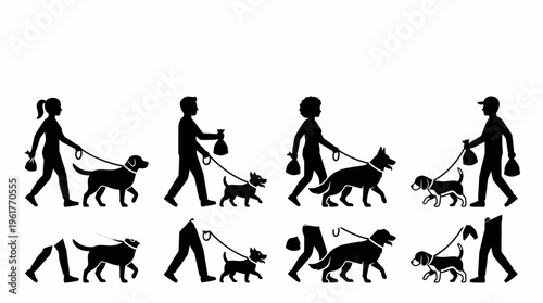 Vector icons of people walking dogs with leashes and bags, highlighting responsible pet ownership, outdoor activity, companionship, and animal care for lifestyle design themes