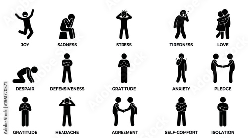 Vector icons of human emotions and gestures including joy, sadness, stress, tiredness, love, despair, defensiveness, gratitude, anxiety, pledge, headache, agreement, isolation