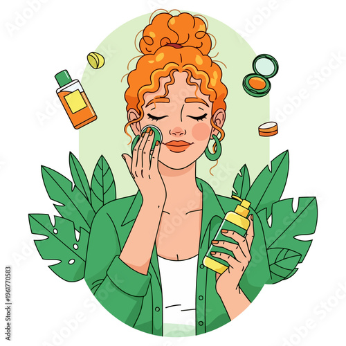 Illustration of happy woman doing daily skincare, applying facial product with pad. Surrounded by beauty items and leaves, symbolizing self-care and healthy skin