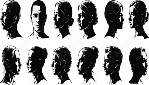 Silhouette portraits of twelve human heads in profile and three‑quarter views, black and white artwork emphasizing facial contours, shadows, and individuality