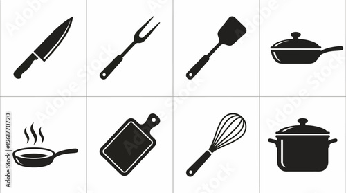 Vector icons of essential kitchen utensils including knife, fork, frying pan, spatula, whisk, cooking pot, and rolling pin for culinary design and food preparation themes