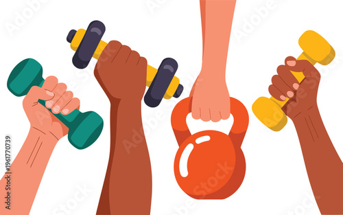 Diverse hands holding various exercise weights including dumbbells and a kettlebell for a fitness workout
