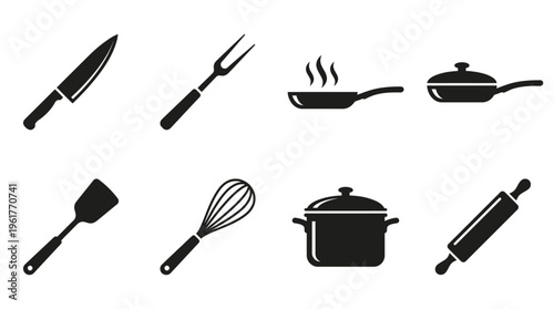 Vector icons of essential kitchen utensils including knife, fork, frying pan, spatula, whisk, cooking pot, and rolling pin for culinary design and food preparation themes