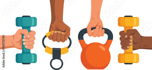 Diverse hands of different skin tones holding various fitness equipment on a clean white background