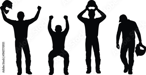 Four black silhouettes illustrate male motorcyclists celebrating victory and engaging with their helmets on a white field