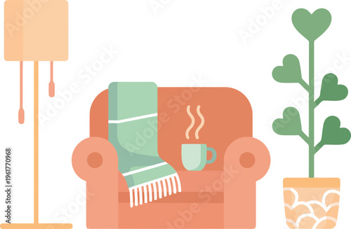 Cozy Living Room Scene with Armchair Blanket Steaming Mug and Potted Heart Leaf Plant
